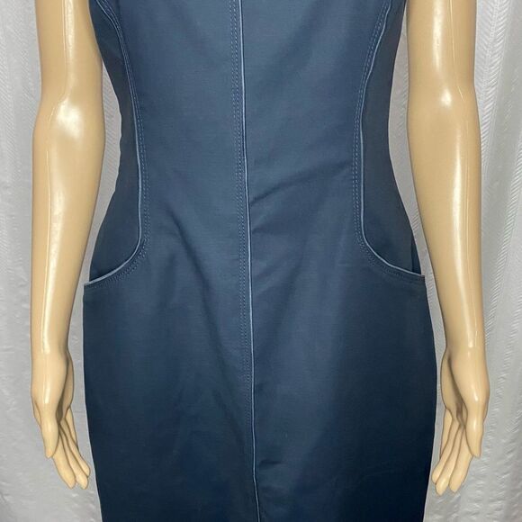 Tahari Blue Cotton Blend Sheath Dress with Piping & Pockets Size 6 - Picture 2 of 9